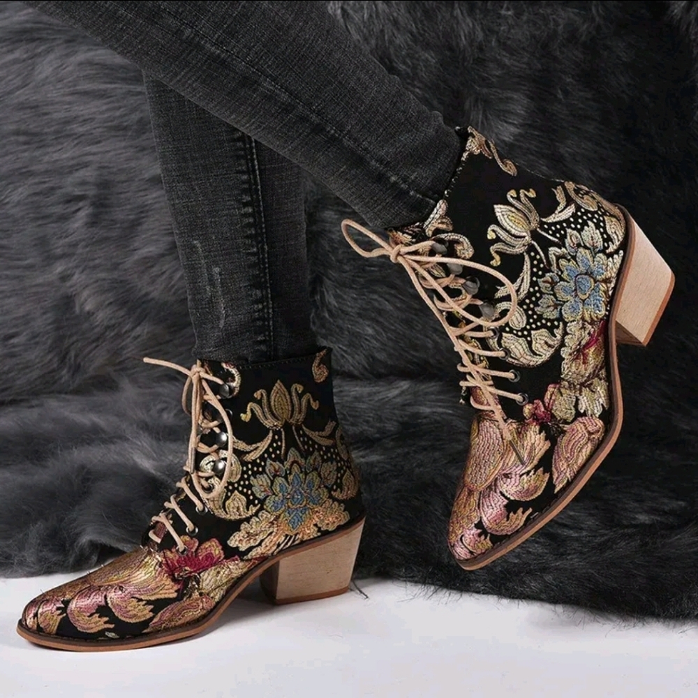 Flora Tapesrtyl Lace-Up Ankle Boots - Black and Multicolor - Picture 6 of 12